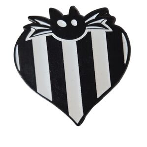 Cat Heart-Shaped Lapel Pin Gothic Enamel Black & White Stripes W/Bow Tie NWOT